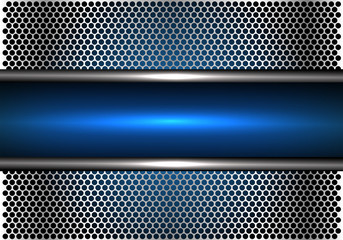 Blue light banner on silver circle mesh design luxury modern technology background vector illustration.
