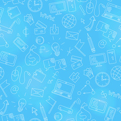 Seamless background on the topic of information technology and earn money online, simple hand-drawn contour icons,white outline on a blue background
