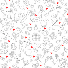 Seamless pattern for Valentine's day,simple contour icons and red hearts on a white background