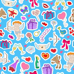 Seamless background with simple hand-drawn icons labels on the theme of Valentine's day on a blue backing
