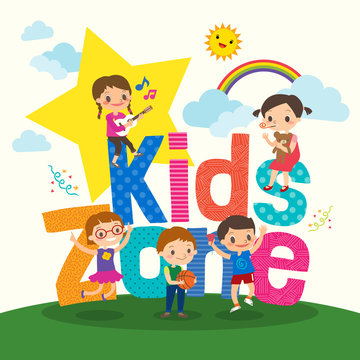 Group of young children with kids zone word cartoon illustration