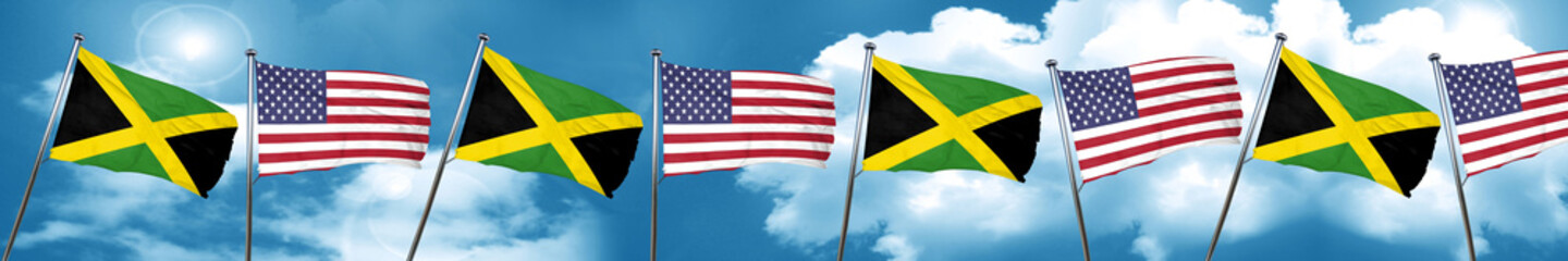 Jamaica flag with American flag, 3D rendering