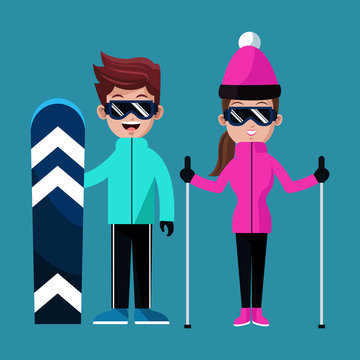 Couple Skiing Clothes Glasses Snowboard Vector Illustration Eps 10