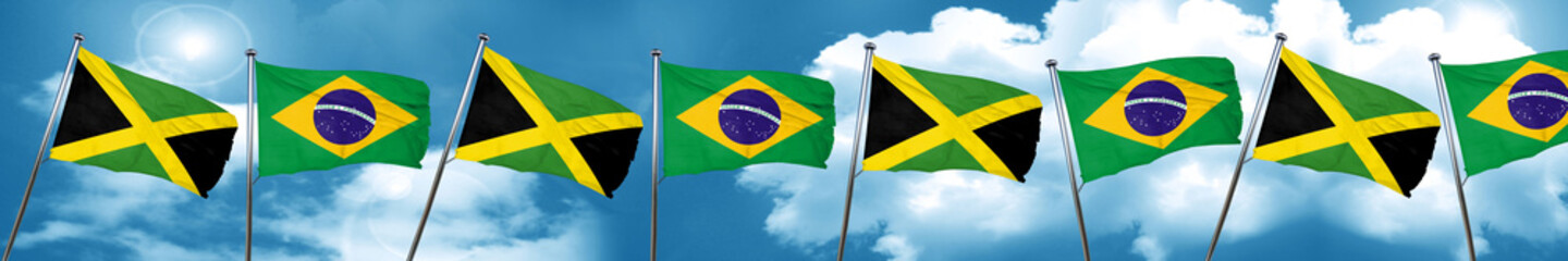 Jamaica flag with Brazil flag, 3D rendering