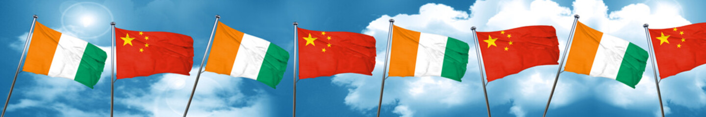 Ivory coast flag with China flag, 3D rendering
