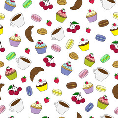 Seamless pattern with sweet cakes and coffee