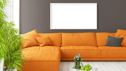 Modern bright interior with empty frame . 3D rendering