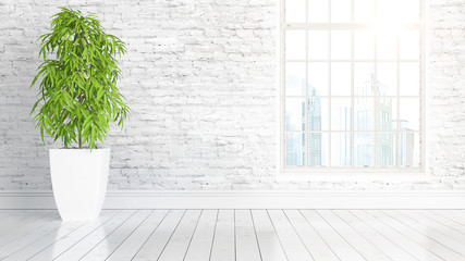 Modern bright interior with large window . 3D rendering