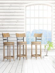 Modern bright interior with large window . 3D rendering