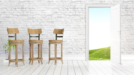 Modern bright interior with open door . 3D rendering
