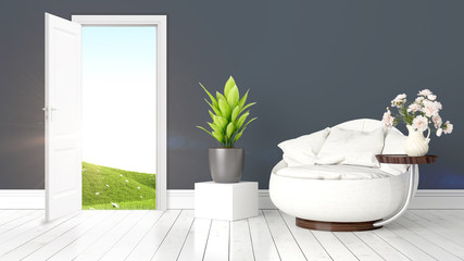 Naklejka na ściany i meble Modern bright interior with open door . 3D rendering