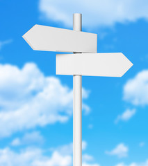 Blank White Direction Signpost Sign Arrow Board Isolated on Sky Background