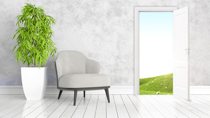 Modern bright interior with open door . 3D rendering