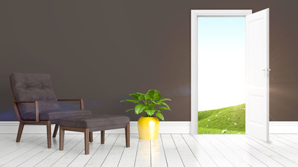 Modern bright interior with open door . 3D rendering