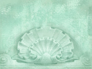 Architectural details. Blank for flyers, messages, business cards, posters, etc. in shabby chic style. Art deco figures carved on stone as decoration on a facade building. Fragment of ornate relief
