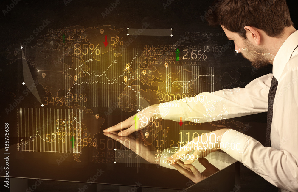 Poster Hands navigate on high tech smart table with business icons