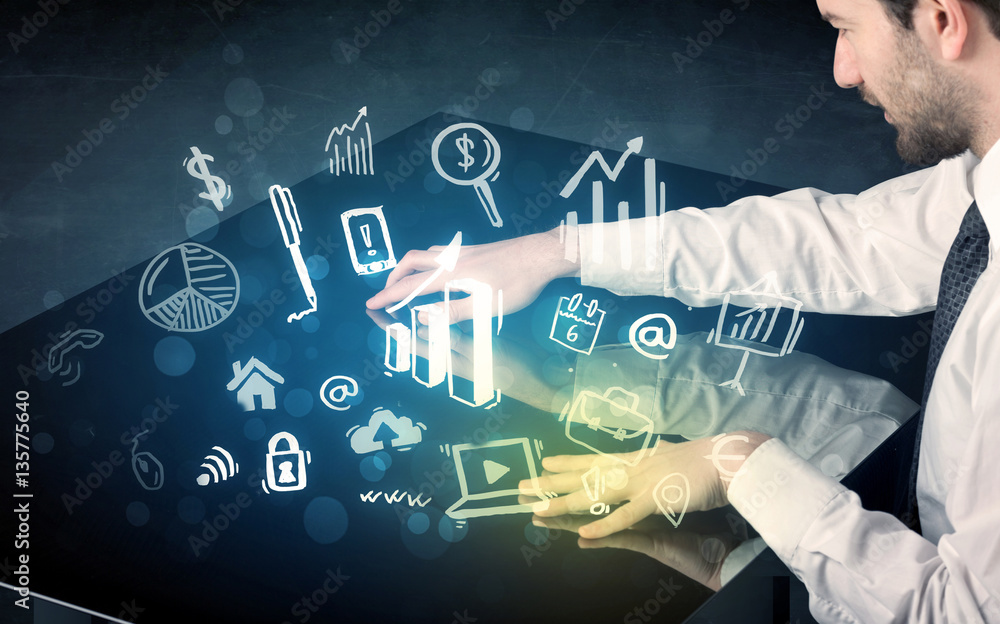Poster Man touching technology smart table with business icons