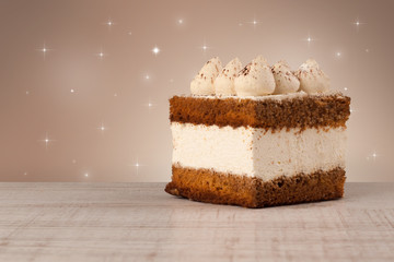 Close up of a delicious colorful baked cake with star background