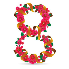 8 March. Vector illustration to The International women's day. Number eight made of flowers with ribbon. 