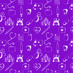 Purple seamless pattern-medical items. This illustration is drawn with a pencil.