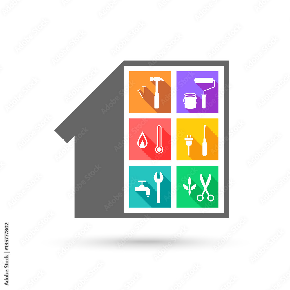Poster building and different work tools in flat design as facility management concept