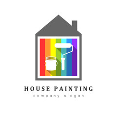 House painting logo with working tools and color spectrum