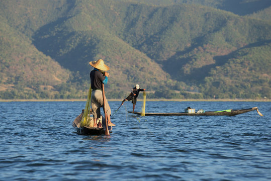 Fishermen with nets on Inle lake. Myanmar