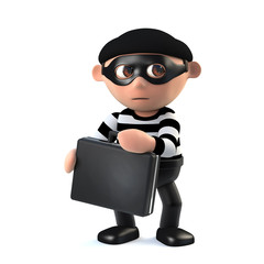 3d Funny burglar character has snatched someones briefcase