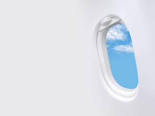 Blue sky white clouds in window plane frame and blank space template