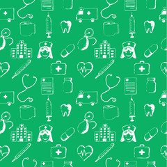Green seamless pattern-medical items. This illustration is drawn with a pencil.
