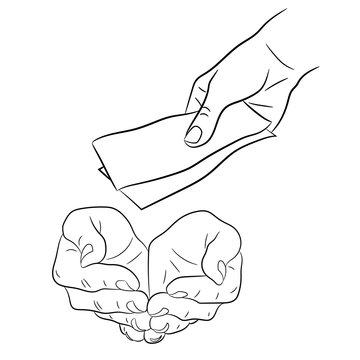 hand, giving and taking money banknotes of monochrome vector ill