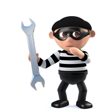 3d Funny burglar character holding a spanner