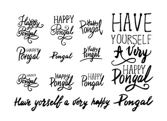 Happy Pongal holiday hand written lettering, vintage style labels. Phrases or quotes set. Greeting card text templates.