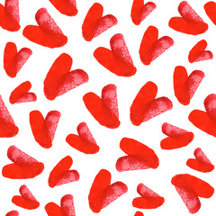 Seamless pattern with hand painted watercolor hearts on white background. Perfect for Valentine's day.