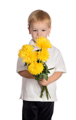 cute boy holding a bouquet of chrysanthemums