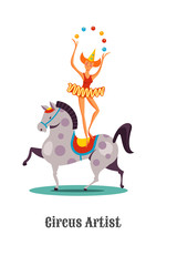 Circus artists. Girl juggler on horseback. Isolated on a white background. Vector illustration