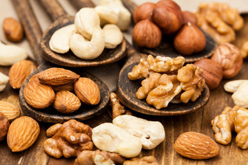 Nuts. A lot of. Different. Tasty and healthy food.