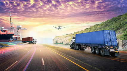 Logistics import export background and transport industry of Container truck on the road with Cargo ship and Cargo plane at sunset sky