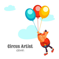 Funny circus clown. Flies on the balloons. Vector illustration isolated on white background