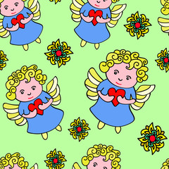 Seamless pattern of angel with heart for Valentine's day