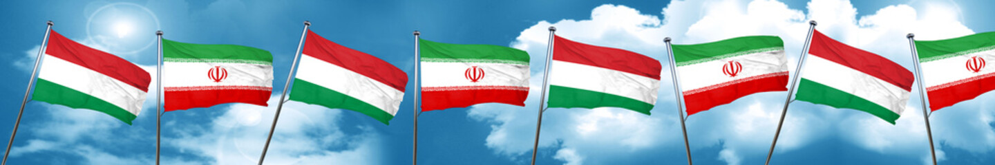 Hungary flag with Iran flag, 3D rendering