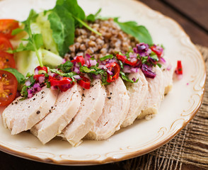 Diet food. Chicken breast with buckwheat and vegetables. Healthy lifestyle. Sports nutrition.