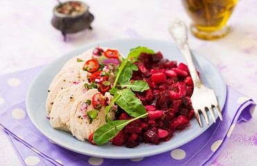 Diet food. Chicken breast with a garnish of boiled beets and white beans. Healthy lifestyle. Sports nutrition.