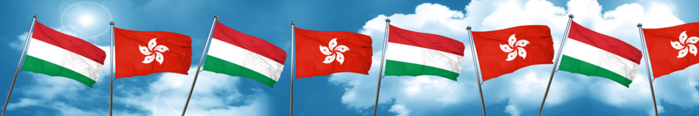 Hungary flag with Hong Kong flag, 3D rendering