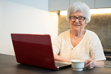 Senior woman using laptop computer while having coffee break at home.