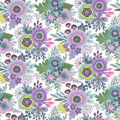Vector seamless pattern with bouquets of flowers, leaves, branches and berries.