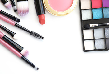 cosmetics and makeup. Tools for Professional make a top view. On a white background