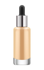 3D realistic transparent bottle for foundation cream. Mock-up of cosmetic glass container. Blank template of packaging for liquid cosmetic product. Vector illustration isolated on white background.