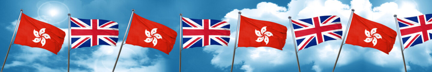hong kong flag with Great Britain flag, 3D rendering