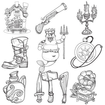 Set illustrations with pirate attributes. Various items Medieval Pirates. Cartoon drawing for gaming mobile applications. Illustration for coloring.
